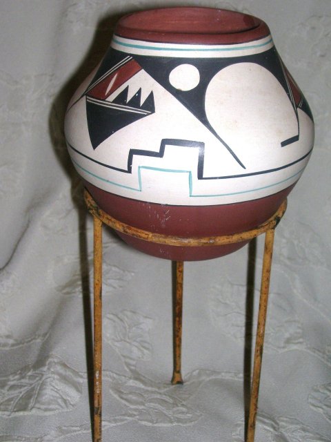 A Handcrafted, Navajo Indian, Mary Saxon- Geometric design, Southwest Pottery Vase, signed Mary Saxon, Navajo