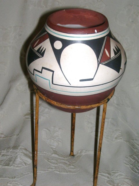A Handcrafted, Navajo Indian, Mary Saxon- Geometric design, Southwest Pottery Vase, signed Mary Saxon, Navajo