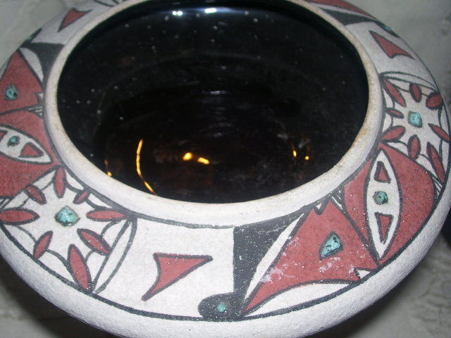 Margie of Arizona ,Decorated Art Pottery Bowl with Turquoise Gem stones by Margie of Arizona