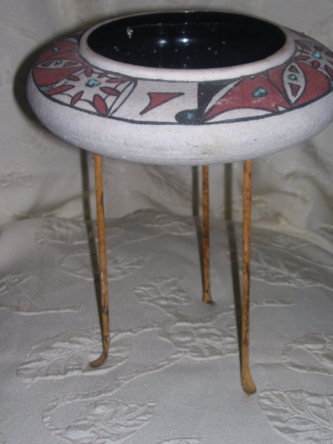 Margie of Arizona ,Decorated Art Pottery Bowl with Turquoise Gem stones by Margie of Arizona