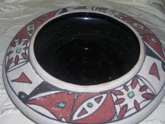 Margie of Arizona ,Decorated Art Pottery Bowl with Turquoise Gem stones by Margie of Arizona