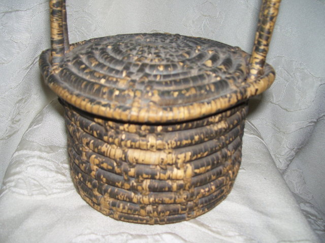 Vintage Native American late 1800's hand coiled basket with lid and handle