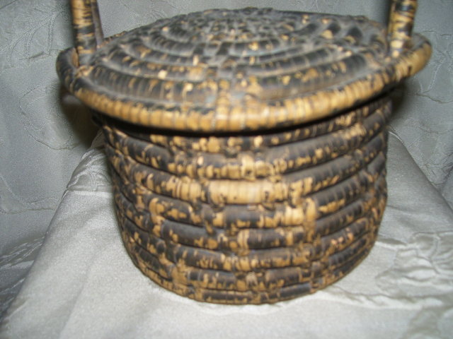 Vintage Native American late 1800's hand coiled basket with lid and handle
