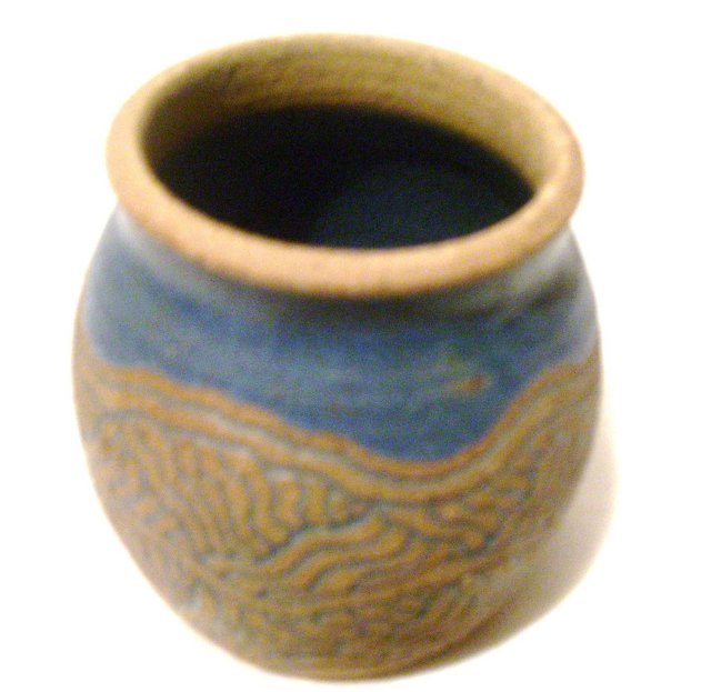 A Green and Tan Handcrafted stoneware pot=signed Parker 84