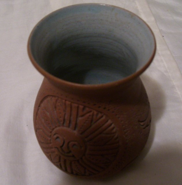 A Signed 1984 Mohawk Pottery hand decorated clay pottery vase