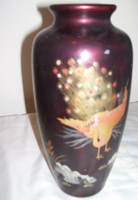 Aizu Japan marked-Lacquered Purple 10 inch Vase depicting a Handpainted Gold gilted Peacock decoracted with Abalone