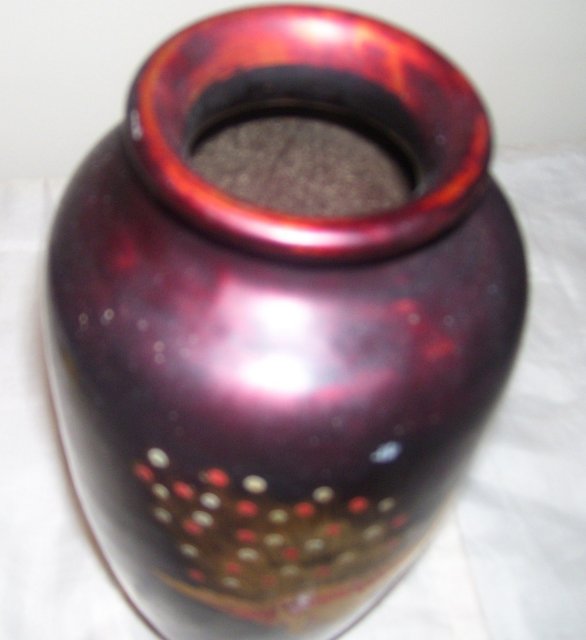 Aizu Japan marked-Lacquered Purple 10 inch Vase depicting a Handpainted Gold gilted Peacock decoracted with Abalone
