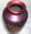 Aizu Japan marked-Lacquered Purple 10 inch Vase depicting a Handpainted Gold gilted Peacock decoracted with Abalone