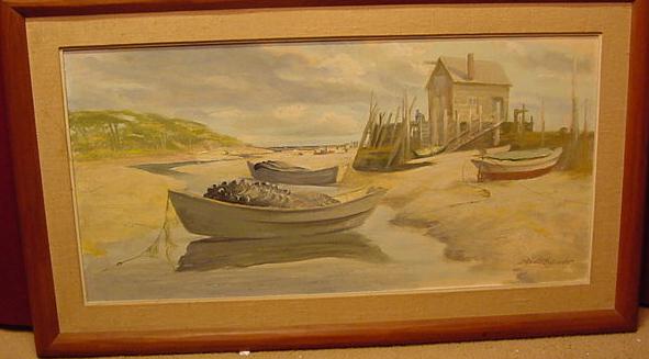 OIL ON BOARD OF MAINE SCENE OF BEACHED DORIES