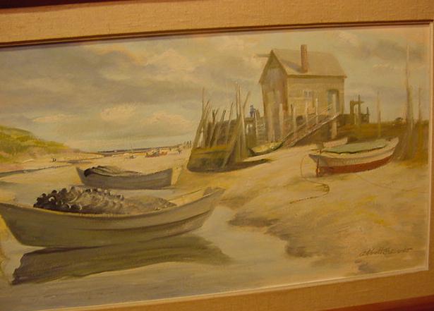 OIL ON BOARD OF MAINE SCENE OF BEACHED DORIES