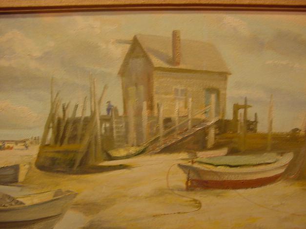 OIL ON BOARD OF MAINE SCENE OF BEACHED DORIES