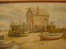 OIL ON BOARD OF MAINE SCENE OF BEACHED DORIES