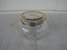 C. 1920 GLASS DRESSING JAR W/STERLING COVER