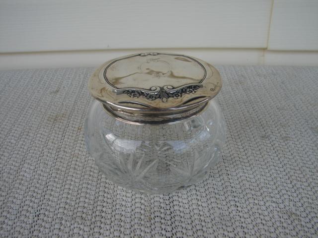 C. 1920 GLASS DRESSING JAR W/STERLING COVER