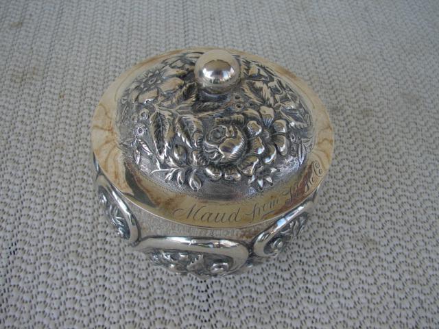 C. 1920 GLASS DRESSING JAR W/STERLING COVER