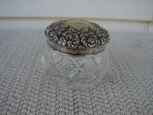 C. 1920 CUT GLASS JAR W/STERLING REPOUSE TOP