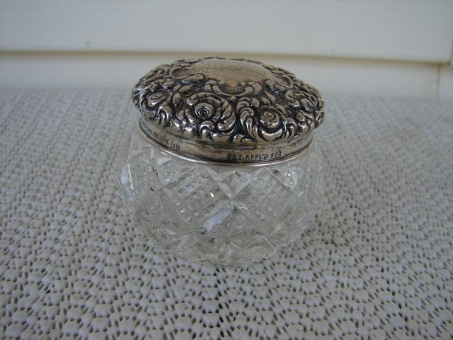 C. 1920 CUT GLASS JAR W/STERLING REPOUSE TOP