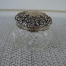 C. 1920 CUT GLASS JAR W/STERLING REPOUSE TOP