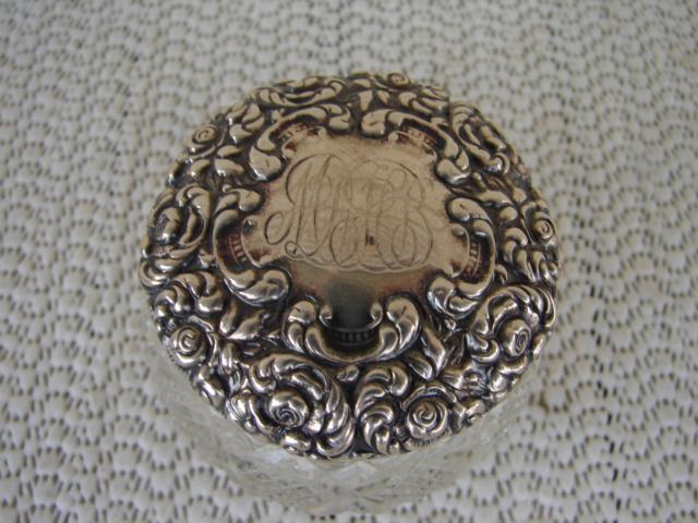 C. 1920 CUT GLASS JAR W/STERLING REPOUSE TOP