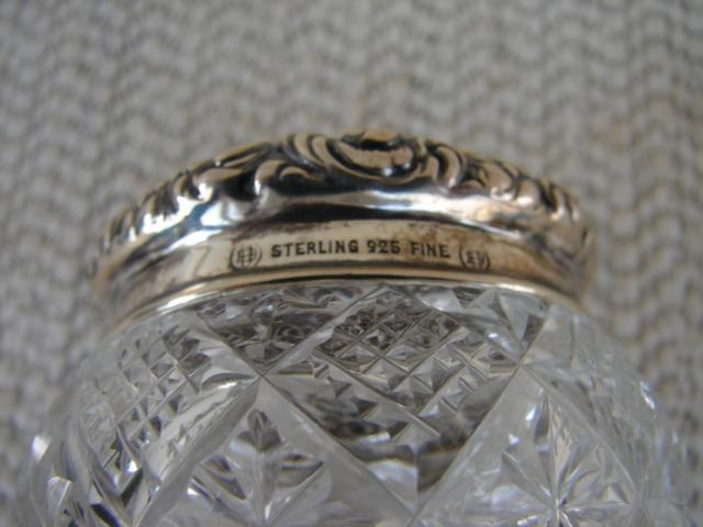 C. 1920 CUT GLASS JAR W/STERLING REPOUSE TOP