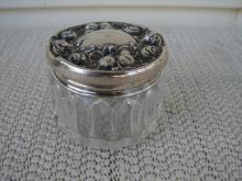 C. 1920 GLASS DRESSING JAR W/STERLING COVER