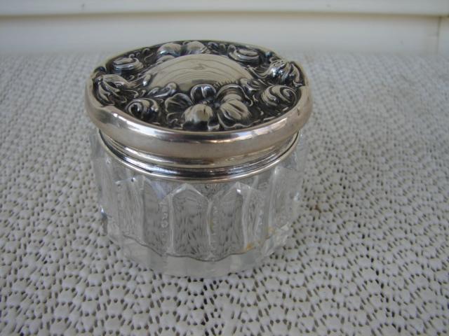 C. 1920 GLASS DRESSING JAR W/STERLING COVER