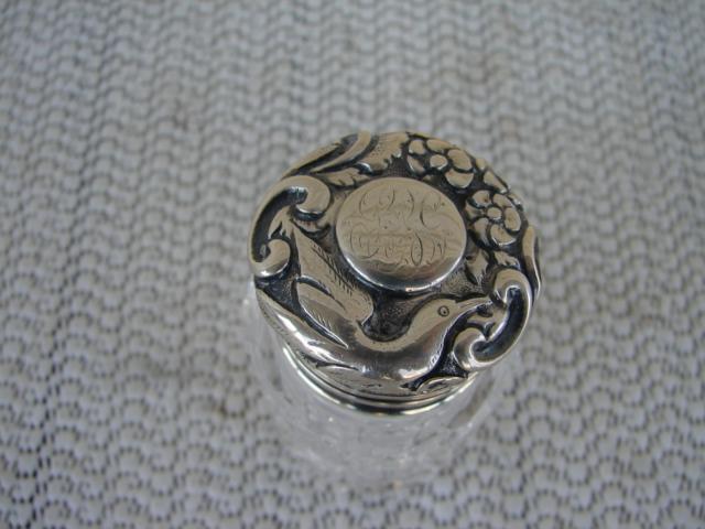 C. 1920 CRYSTAL GLASS MEDICINE BOTTLE/STERLING TOP