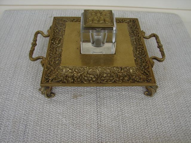C. 1920 SOLID BRASS/CRYSTAL GLASS INKWELL/STAND