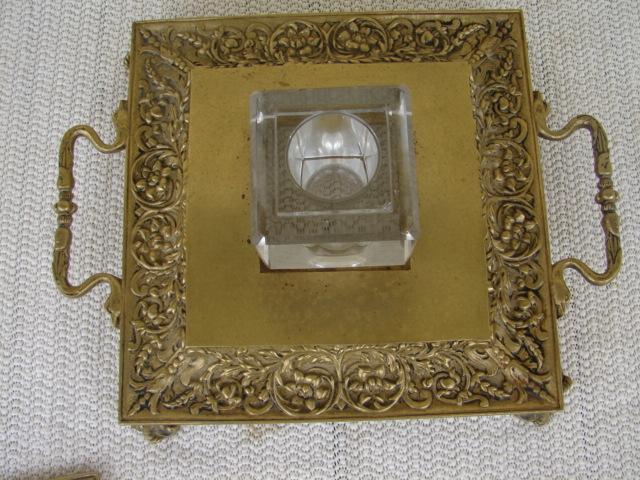 C. 1920 SOLID BRASS/CRYSTAL GLASS INKWELL/STAND