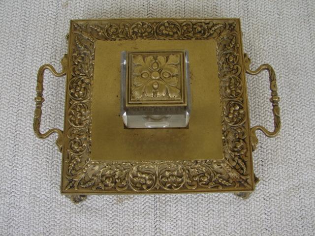 C. 1920 SOLID BRASS/CRYSTAL GLASS INKWELL/STAND