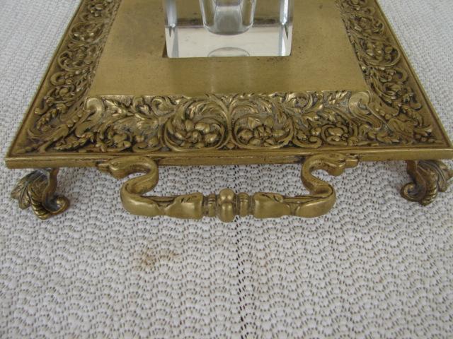 C. 1920 SOLID BRASS/CRYSTAL GLASS INKWELL/STAND