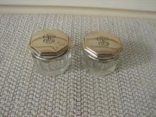C. 1920 PR. SMALL GLASS DRESSING JARS W/COVERS