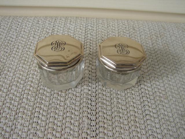 C. 1920 PR. SMALL GLASS DRESSING JARS W/COVERS