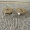 C. 1920 PR. SMALL GLASS DRESSING JARS W/COVERS