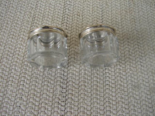 C. 1920 PR. SMALL GLASS DRESSING JARS W/COVERS