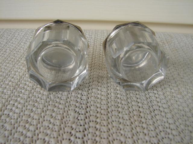 C. 1920 PR. SMALL GLASS DRESSING JARS W/COVERS
