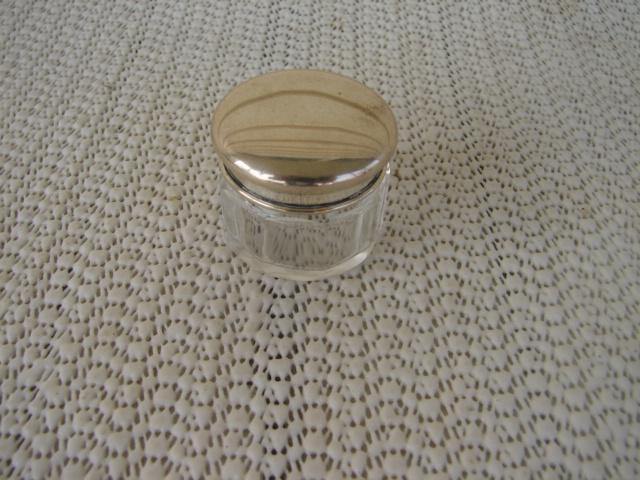 C. 1920 GLASS DRESSING JAR W/STERLING COVER