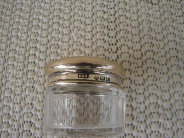 C. 1920 GLASS DRESSING JAR W/STERLING COVER