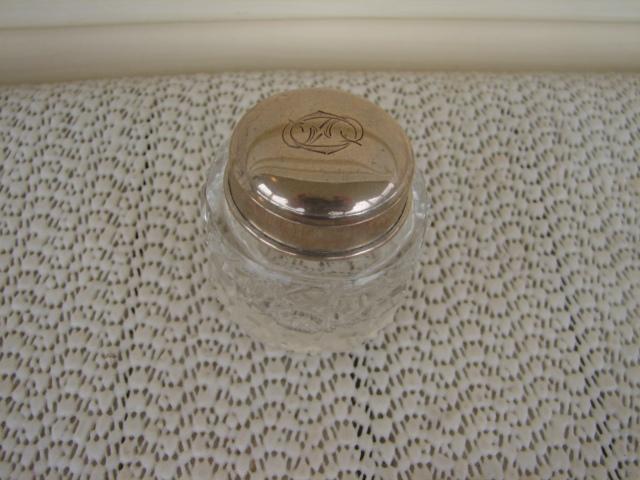 C. 1920 CRYSTAL GLASS JAR W STERLING TOP