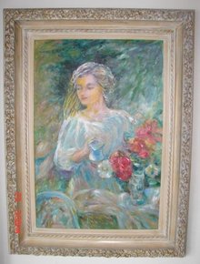 LIFE SIZE PAINTING OF LADY WATERING FLOWERS IN