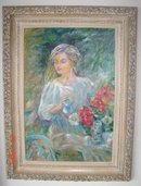 LIFE SIZE PAINTING OF LADY WATERING FLOWERS IN