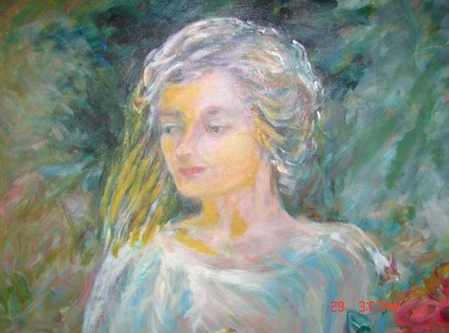 LIFE SIZE PAINTING OF LADY WATERING FLOWERS IN