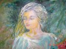 LIFE SIZE PAINTING OF LADY WATERING FLOWERS IN
