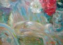 LIFE SIZE PAINTING OF LADY WATERING FLOWERS IN