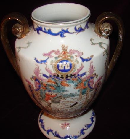 C. 1920 DOUBLE HANDLEPORCELAIN VASE W/FOX HUNT