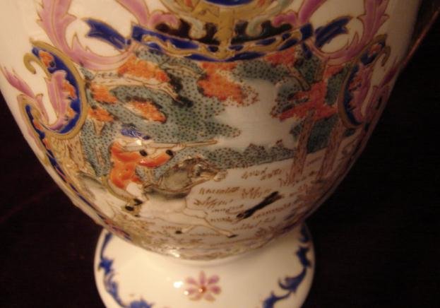C. 1920 DOUBLE HANDLEPORCELAIN VASE W/FOX HUNT