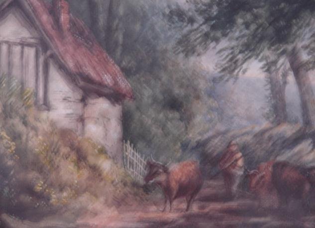 EARLY ENGLISH WATERCOLOR OF A COUNTRY ROAD