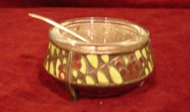 RUSSIAN SILVER/ENAMEL OPEN SALT CELLAR W/ SPOON