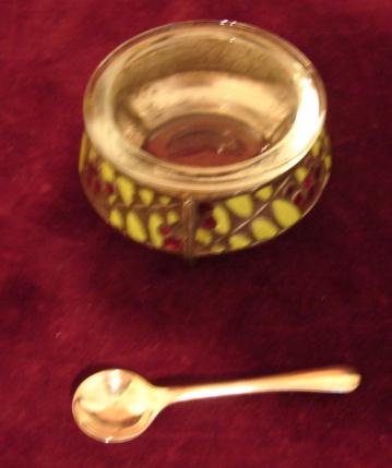 RUSSIAN SILVER/ENAMEL OPEN SALT CELLAR W/ SPOON