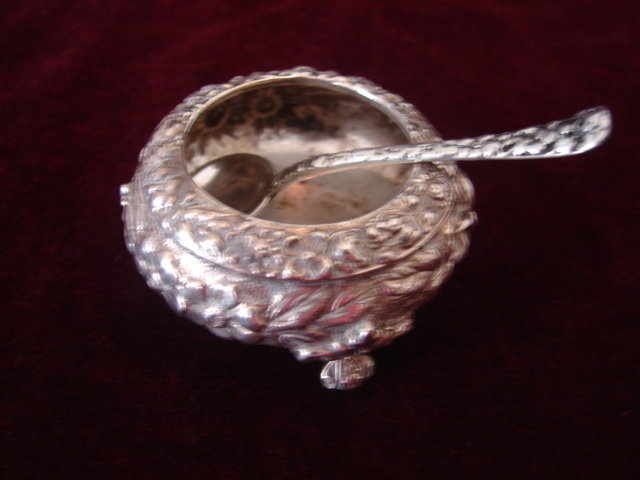 STIEFF OPEN SALT STERLING REPOUSSE W/SPOON